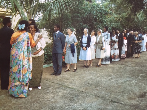 President Juvenal Habyarimana, First Lady Agathe, and officials celebrating 50th Birthday at Residence  in 1986