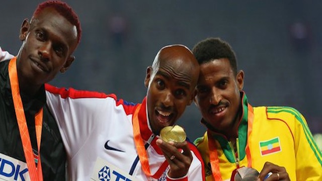 Mo Farah, Caleb Mwangagi Ndiku and Hagos Gebrhiwet, World Championships, Beijing August 28, 2015