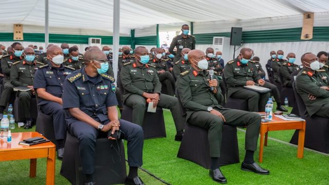 Front row, from left: Gen Dan Munyuza, Jean Bosco Kazura and Fred Ibingira in a meeting in early  April 2021