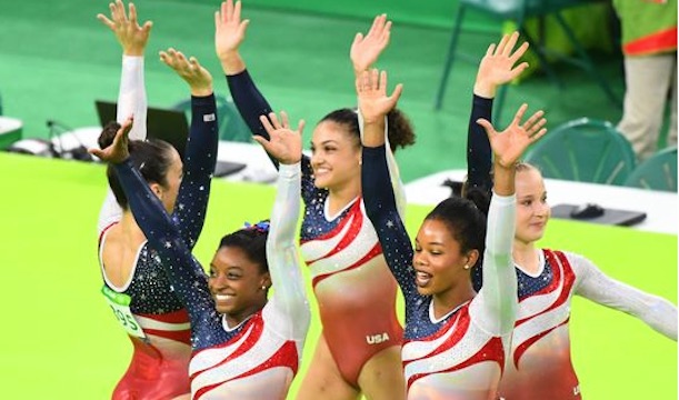 US Women Gymnastics team,  Simone Biles, Gabby Douglas, Aly Raisman, Laurie Hernandez and Madison Kocian, wins gold