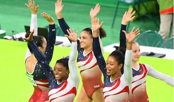 US Women Gymnastics team, Simone Biles, Gabby Douglas, Aly Raisman, Laurie Hernandez and Madison Kocian, wins gold
