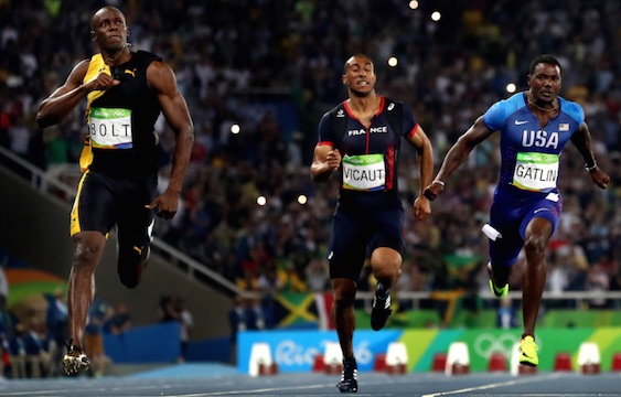 Usain Bolt in Rio 2016, winning against his rival Justin Gatlin