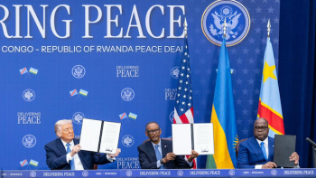 US President Donald Trump with  Presidents of DR Congo and Rwanda  ratifying Washington Accords on  December  4, 2025