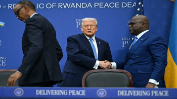 US President Donald Trump with  Presidents of DR Congo and Rwanda  ratifying Washington Accords on  December  4, 2025